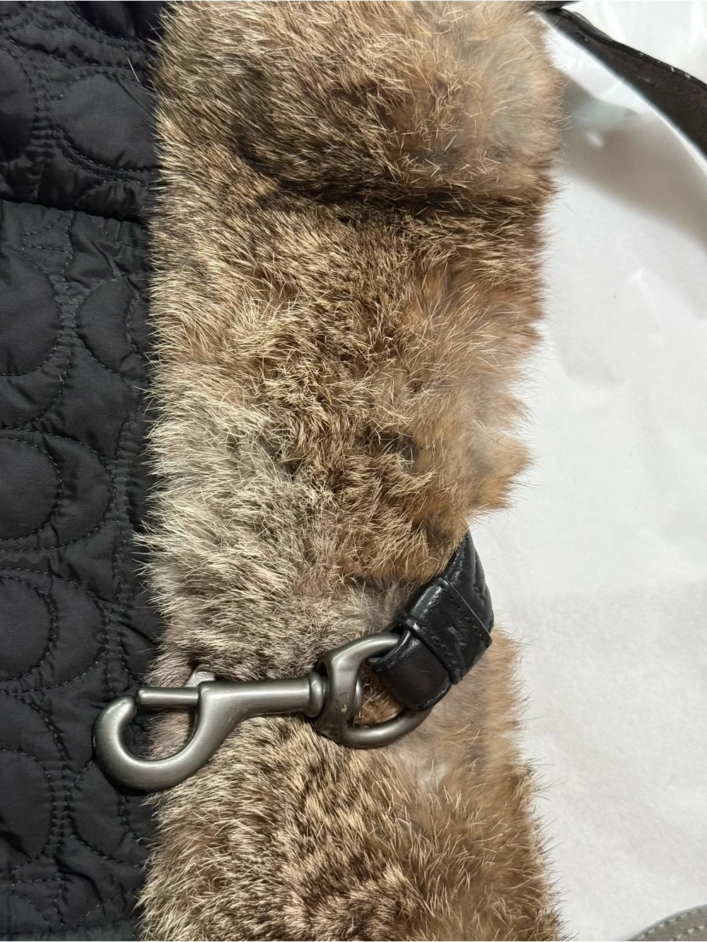 Coach Signature Quilted Fur Trim Hobo Shoulder Bag Black Nylon Leather - Picture 5 of 7